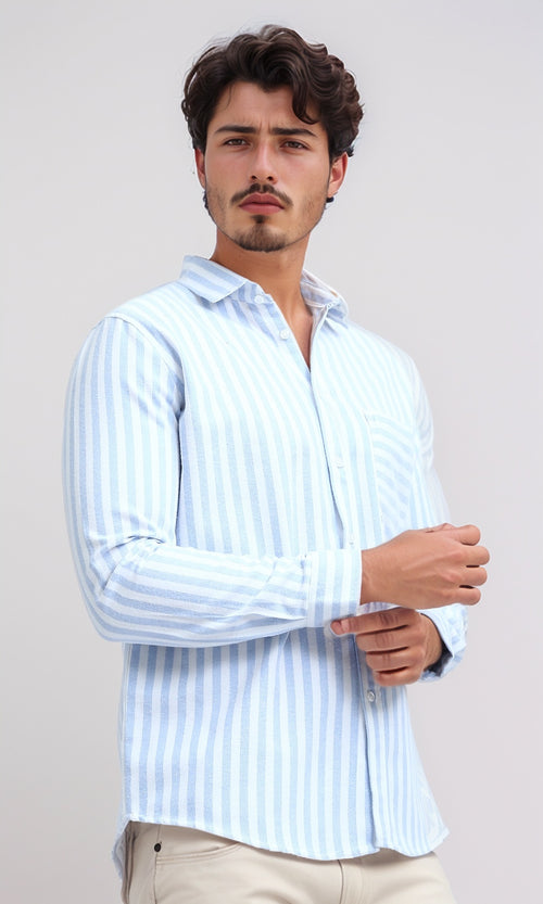 O200514 - Unique Long Sleeve Striped Shirt - Sky Blue & White