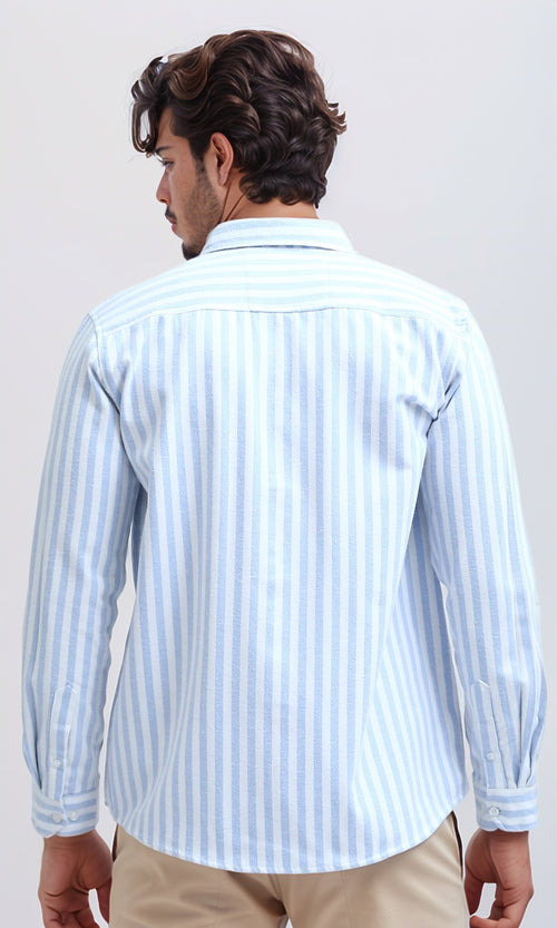 O200514 - Unique Long Sleeve Striped Shirt - Sky Blue & White