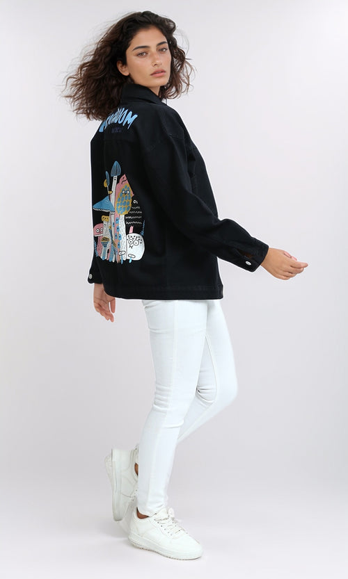 O200515 - Long Sleeves Jacket Jeans with Back Printed - Black