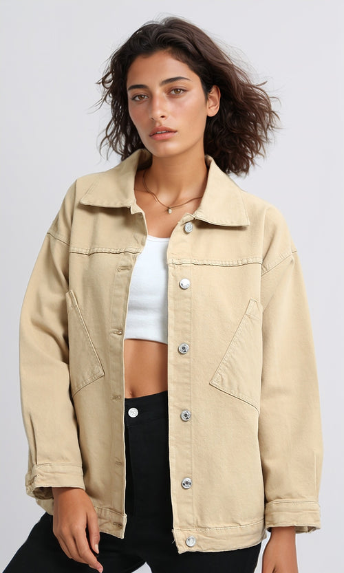 O200516 - Long Sleeves Jacket Jeans with Back Printed - Beige