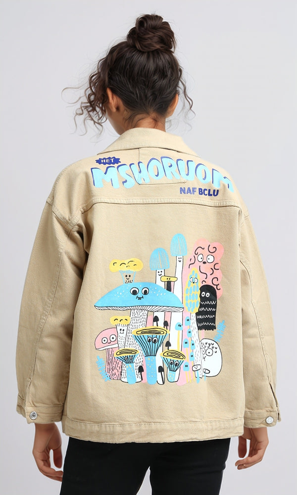 O200516 - Long Sleeves Jacket Jeans with Back Printed - Beige