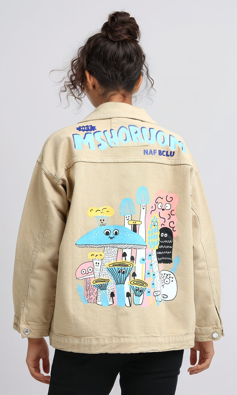 O200516 - Long Sleeves Jacket Jeans with Back Printed - Beige