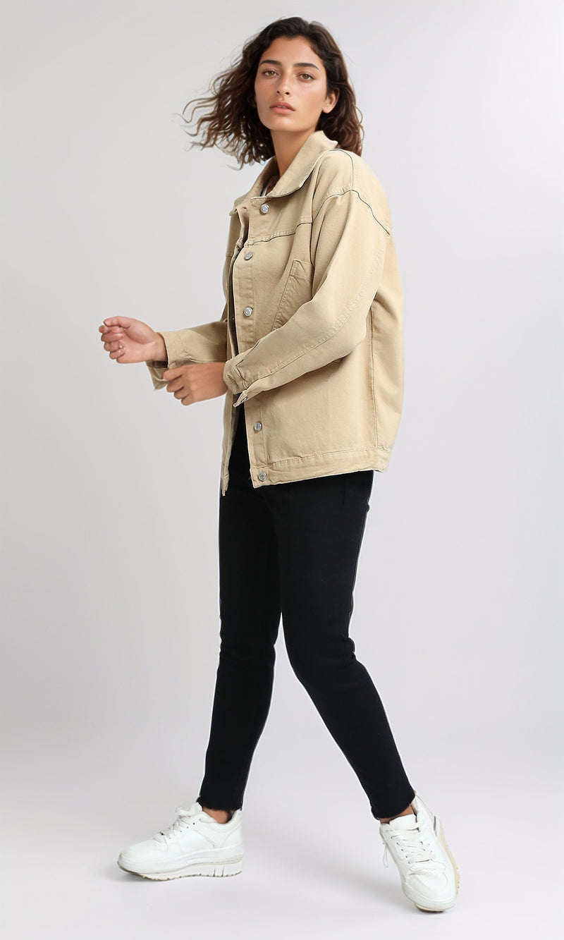 O200516 - Long Sleeves Jacket Jeans with Back Printed - Beige