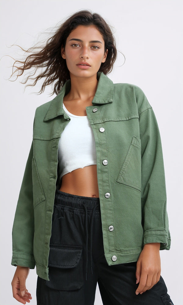 O200517 - Long Sleeves Jacket Jeans with Back Printed - Dark Green