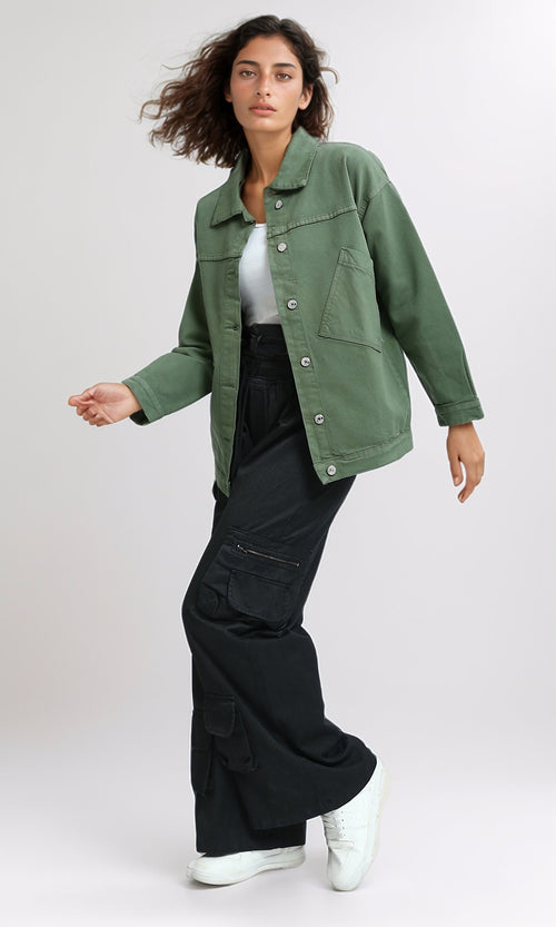 O200517 - Long Sleeves Jacket Jeans with Back Printed - Dark Green