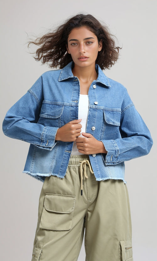 O200520 - Fashionable Long Sleeves Cropped Denim Jacket - Light Blue