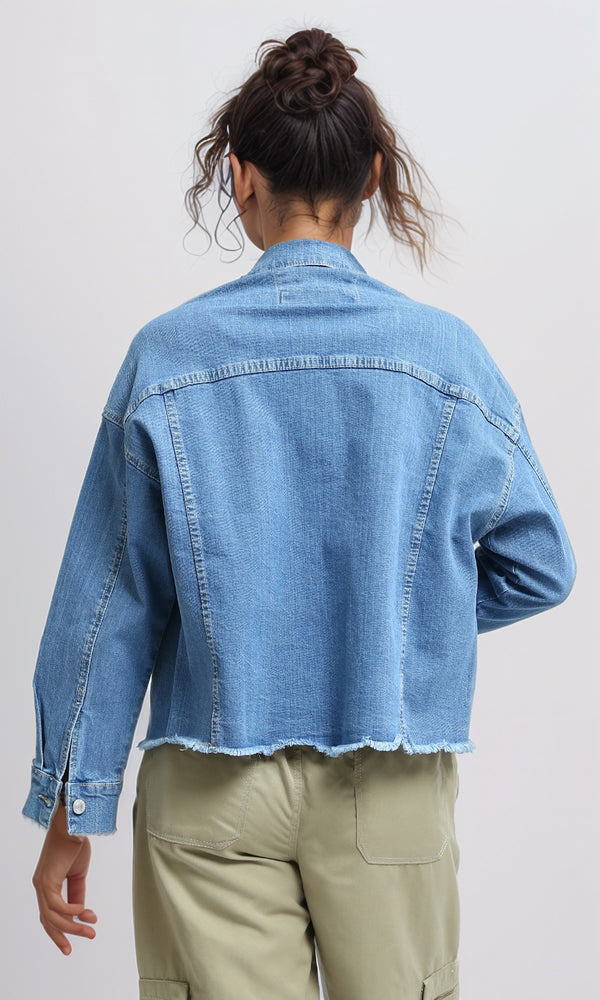 O200520 - Fashionable Long Sleeves Cropped Denim Jacket - Light Blue