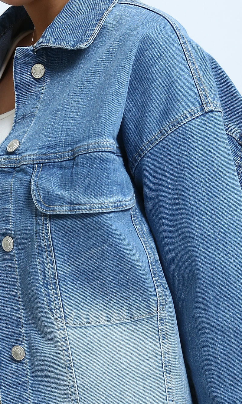 O200520 - Fashionable Long Sleeves Cropped Denim Jacket - Light Blue