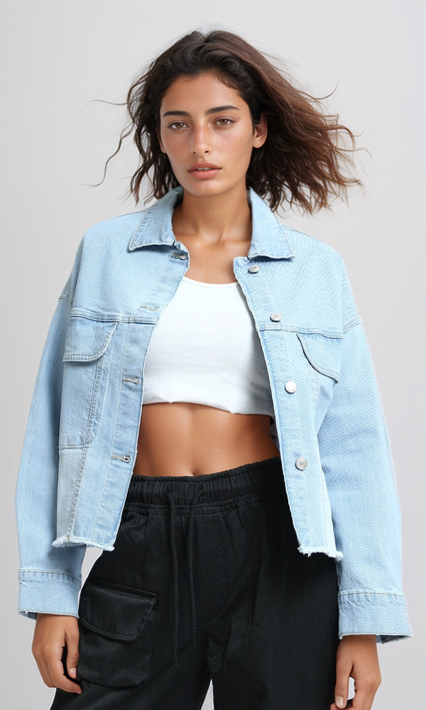 O200521 - Fashionable Long Sleeves Cropped Denim Jacket - Ice Blue