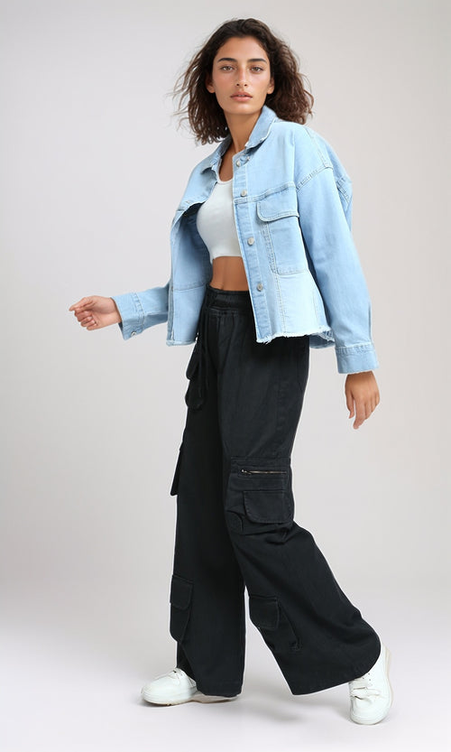 O200521 - Fashionable Long Sleeves Cropped Denim Jacket - Ice Blue