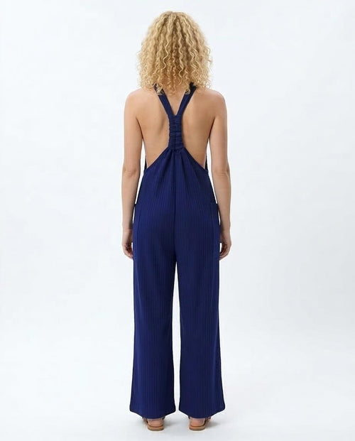Ravin Women’s Ribbed Knit Wide-Leg Jumpsuit with Racerback Detail - Navy - O200578