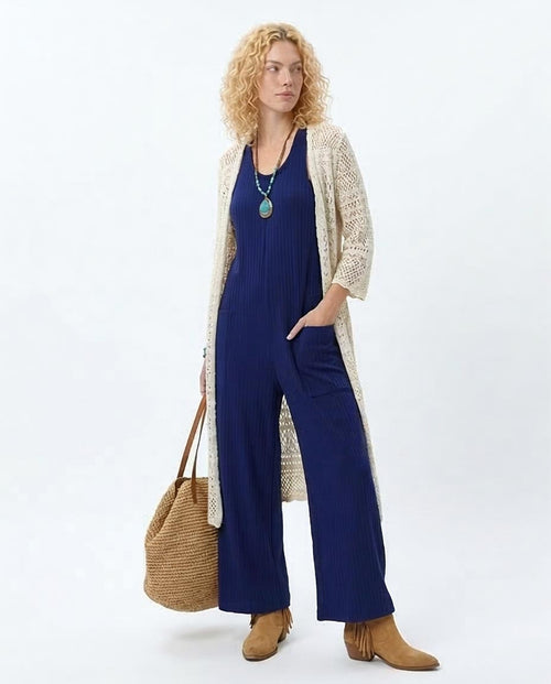 Ravin Women’s Ribbed Knit Wide-Leg Jumpsuit with Racerback Detail - Navy - O200578