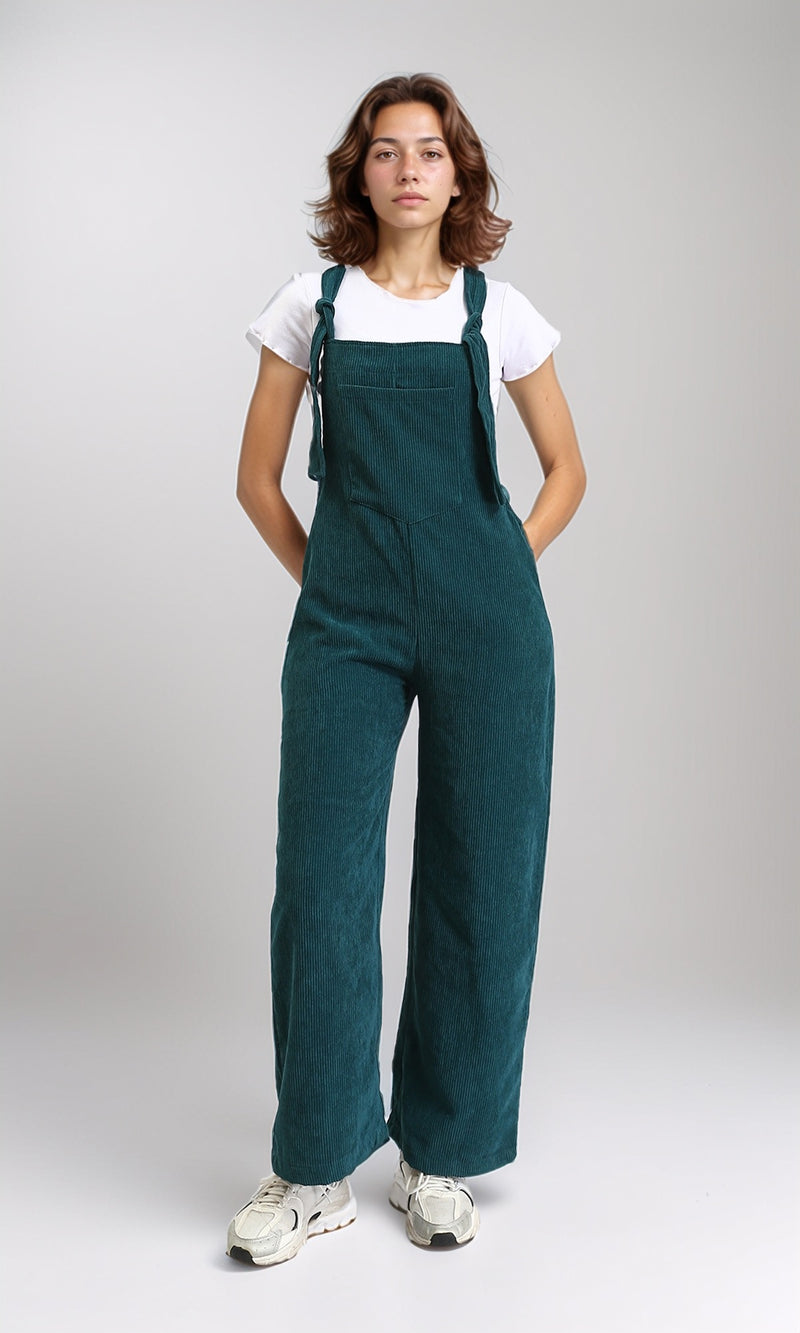 O200586 - Lace Up Corduroy Summer Jumpsuit - Teal