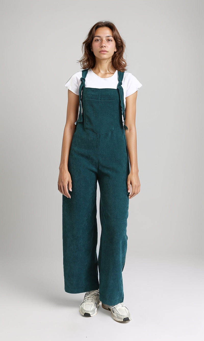 O200586 - Lace Up Corduroy Summer Jumpsuit - Teal