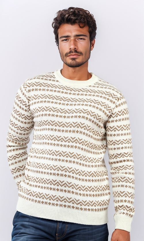 o200598 - Regular Fit Patterned Pullover with a Crew neck - Beige