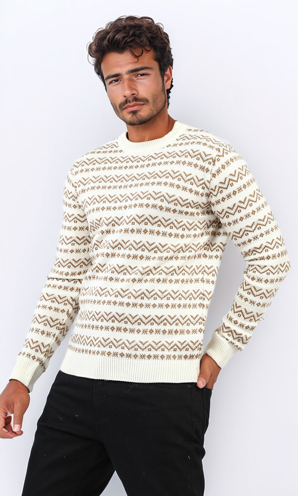 o200598 - Regular Fit Patterned Pullover with a Crew neck - Beige
