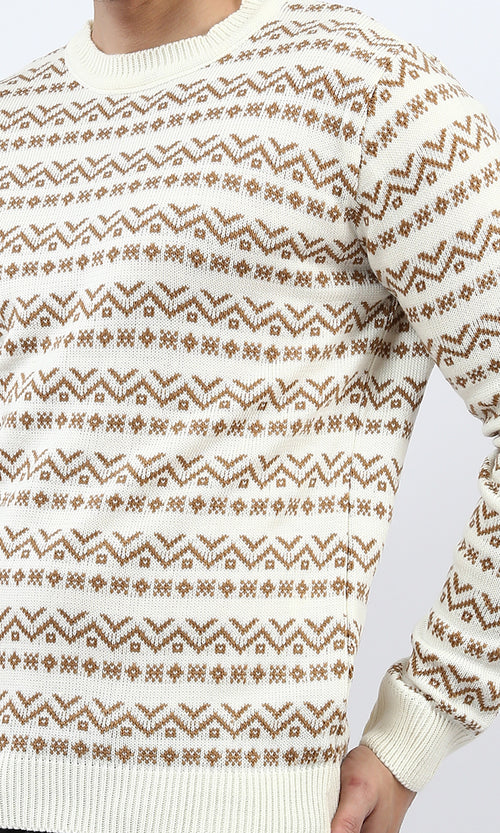 o200598 - Regular Fit Patterned Pullover with a Crew neck - Beige