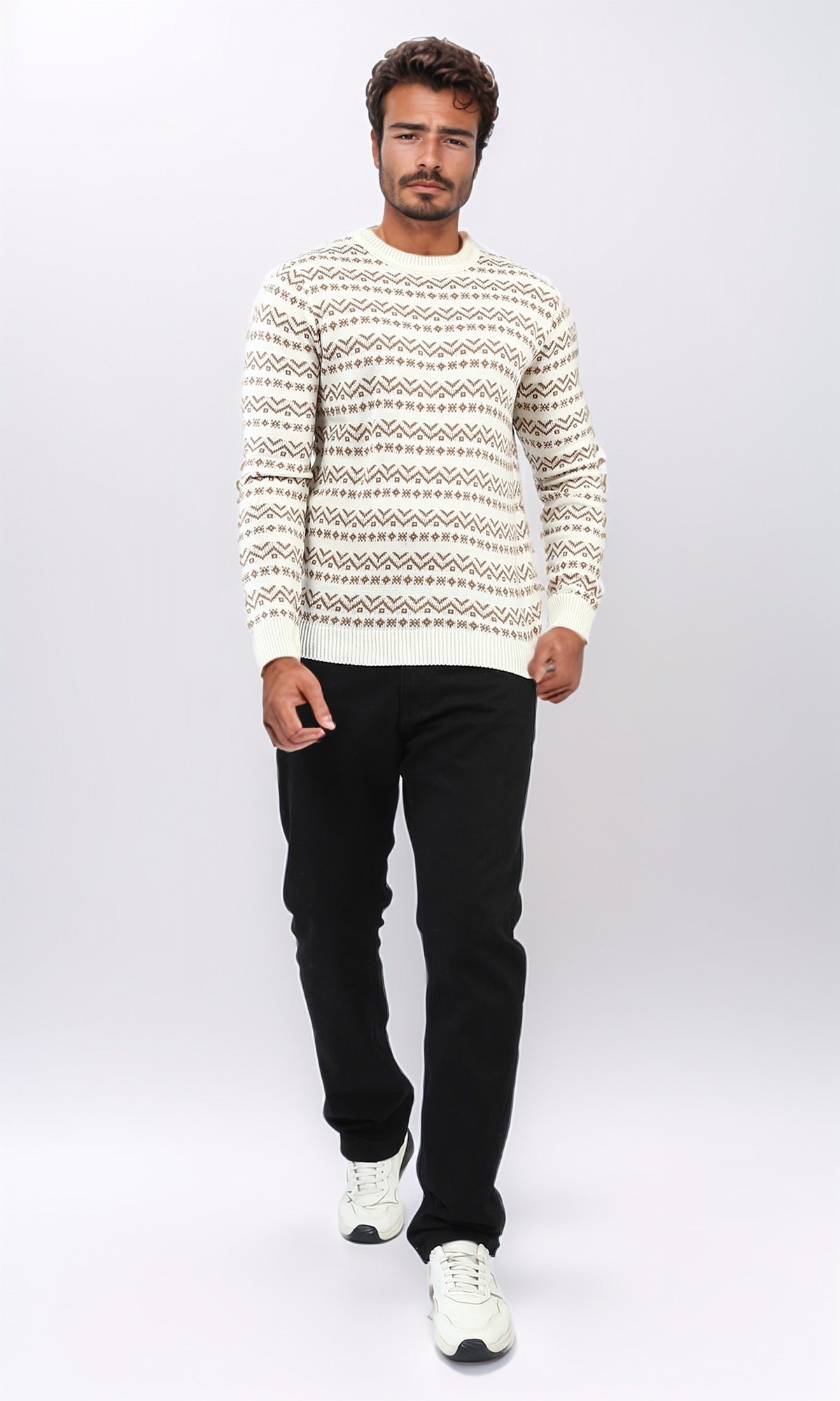 Cream Geometric Pattern Knit Pullover - O200598