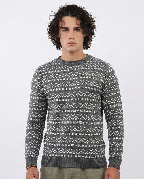Ravin Men’s Fair Isle Geometric Pattern Knit Sweater – Charcoal & White - O200600