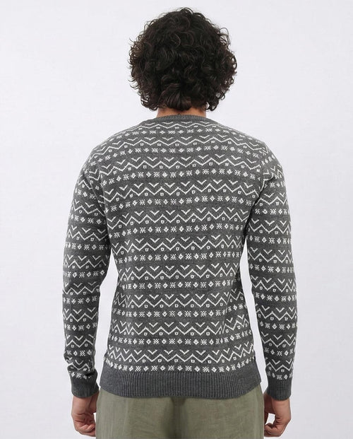 Ravin Men’s Fair Isle Geometric Pattern Knit Sweater – Charcoal & White - O200600