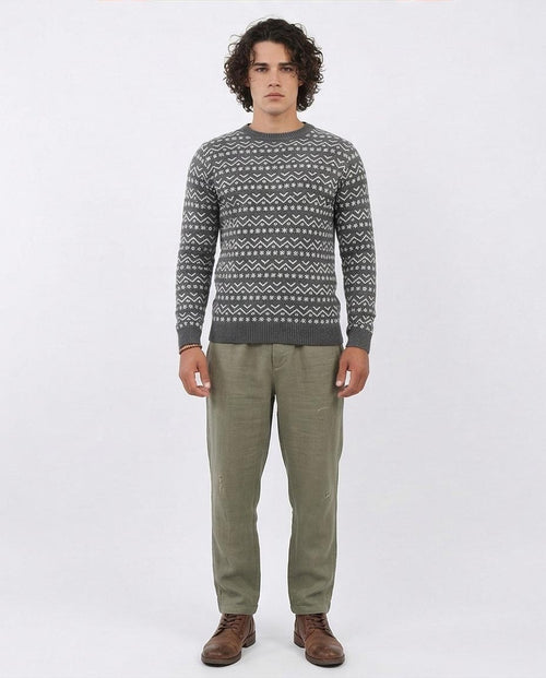 Ravin Men’s Fair Isle Geometric Pattern Knit Sweater – Charcoal & White - O200600