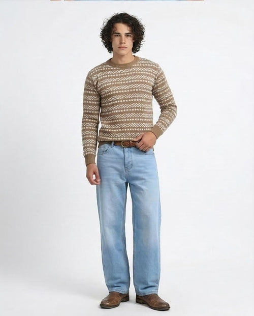 بلوفر رافين رجالي برقبة مستديرة منسوج بنقشة جاكار "فير آيل" - O200601