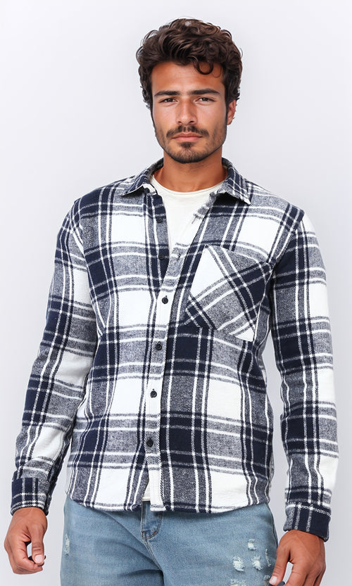 o200602 - Cotton Checkered Side Left Pocket Shirt - Navy & White