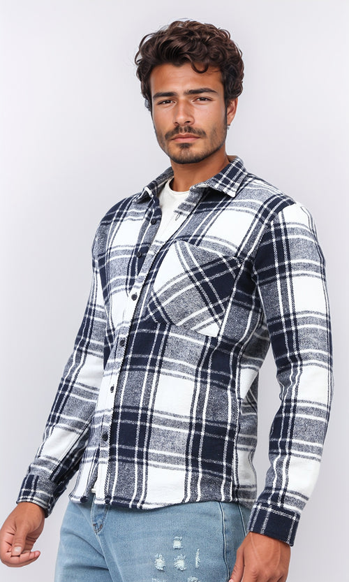 o200602 - Cotton Checkered Side Left Pocket Shirt - Navy & White
