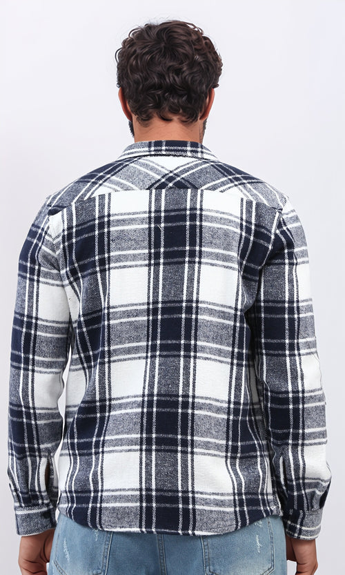 o200602 - Cotton Checkered Side Left Pocket Shirt - Navy & White