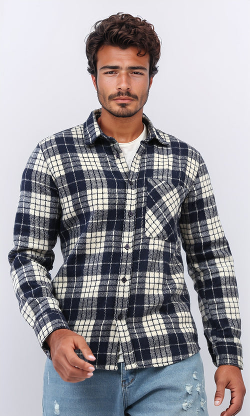 o200603 - Cotton Checkered Side Left Pocket Shirt - Black & White