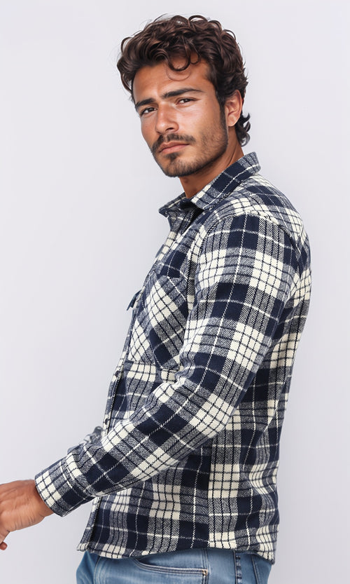 o200603 - Cotton Checkered Side Left Pocket Shirt - Black & White