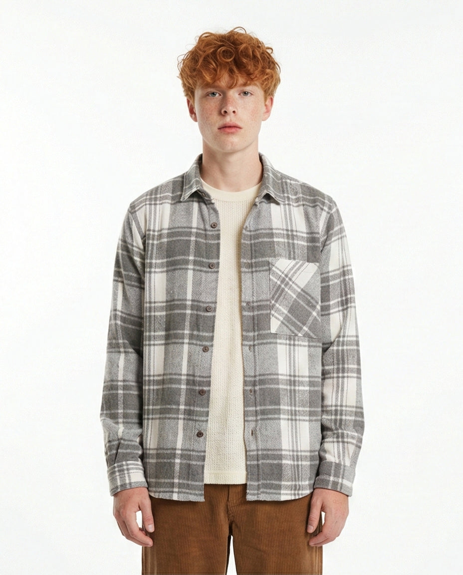 Grey & White Plaid Flannel Long Sleeve Shirt - O200604