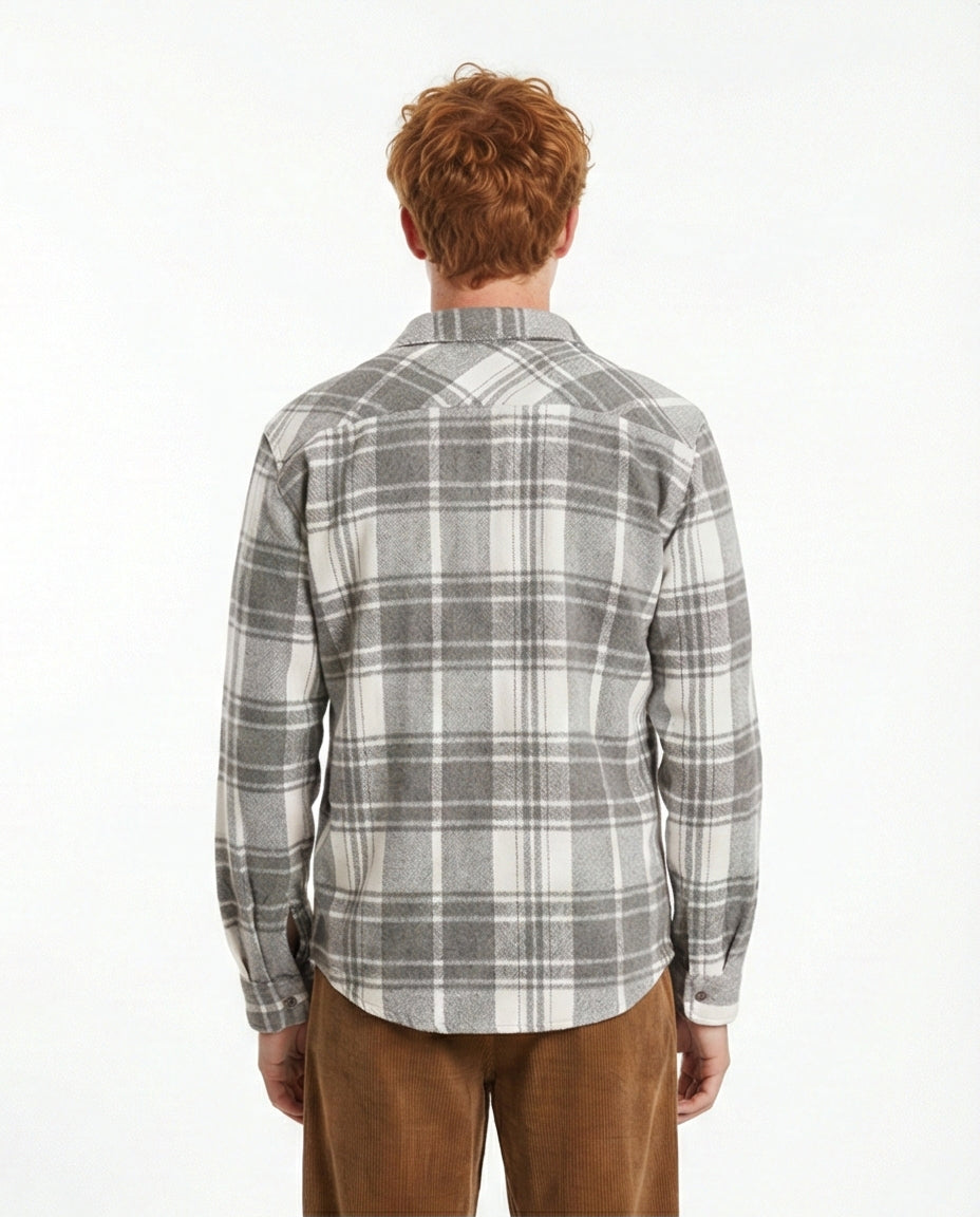 Grey & White Plaid Flannel Long Sleeve Shirt - O200604