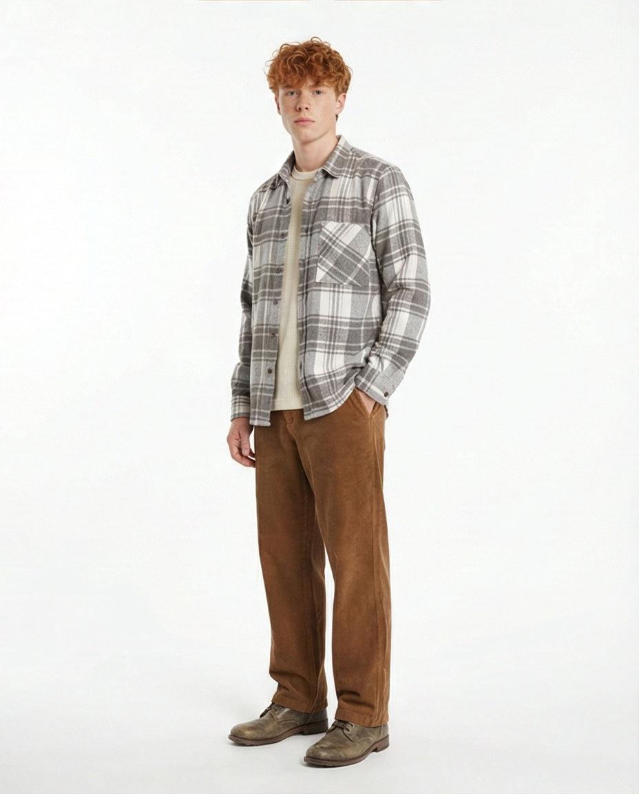 Grey & White Plaid Flannel Long Sleeve Shirt - O200604