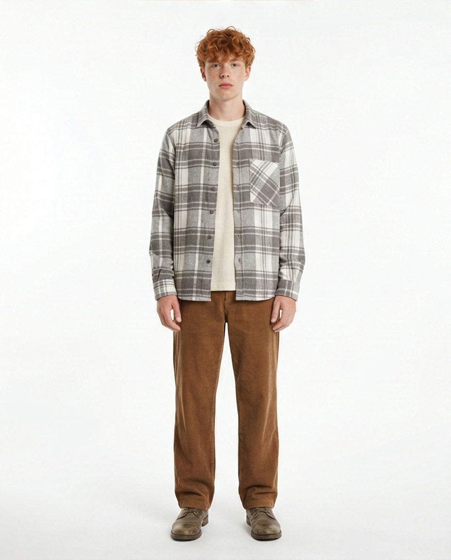 Grey & White Plaid Flannel Long Sleeve Shirt - O200604