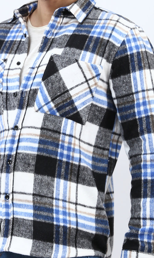 o200606 - Full Buttoned Plaids Heavy Winter Shirt - Blue & Black