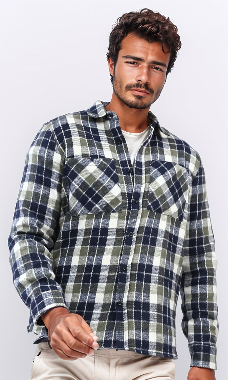 o200607 - Full Buttoned Plaids Heavy Winter Shirt - Olive & Navy