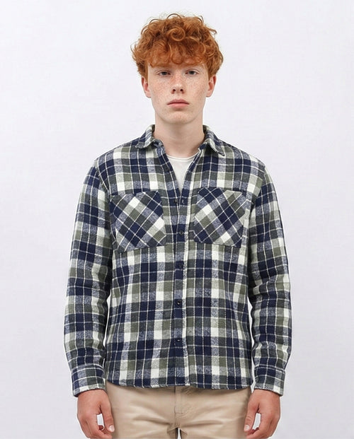 o200607 - Full Buttoned Plaids Heavy Winter Shirt - Olive & Navy