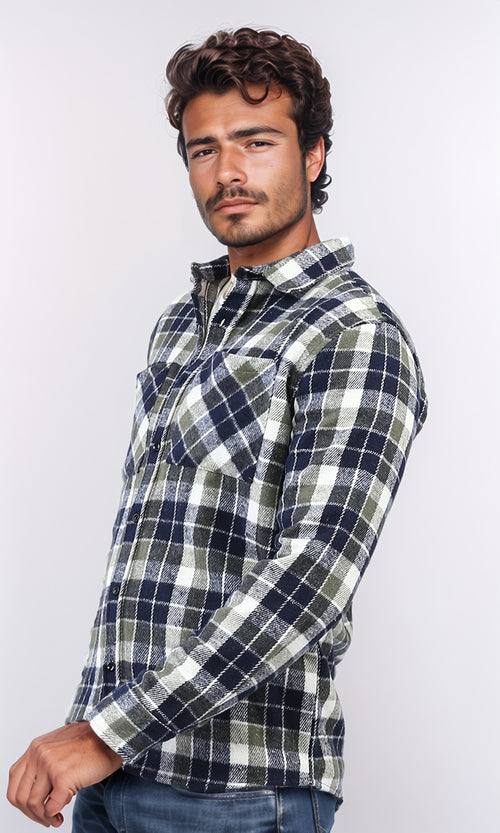 o200607 - Full Buttoned Plaids Heavy Winter Shirt - Olive & Navy