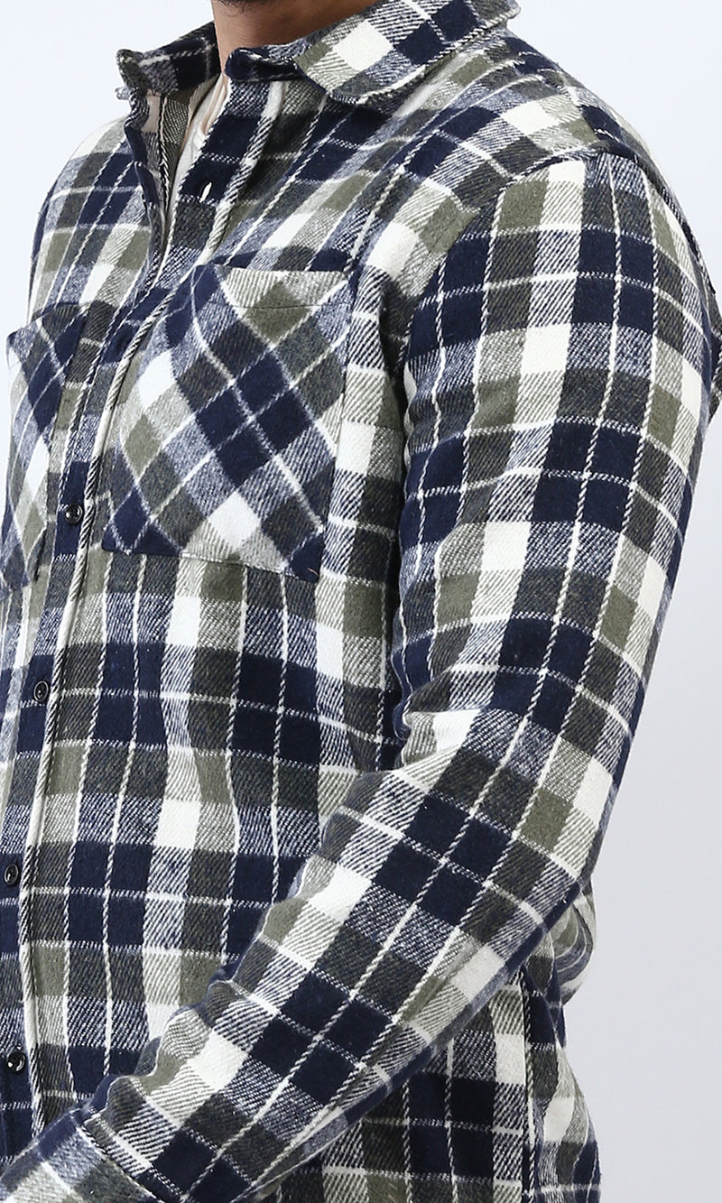 o200607 - Full Buttoned Plaids Heavy Winter Shirt - Olive & Navy
