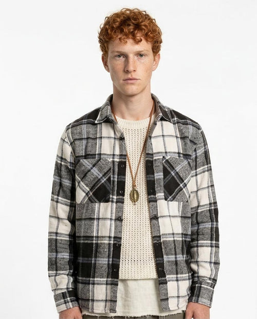 Man wearing a black and white plaid shirt over a white sweater on a white background