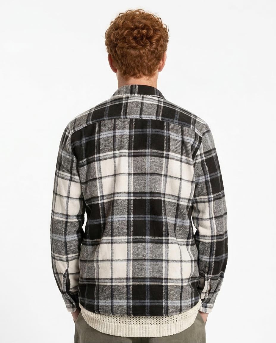 Black & Grey Plaid Flannel Long Sleeve Shirt - O200608