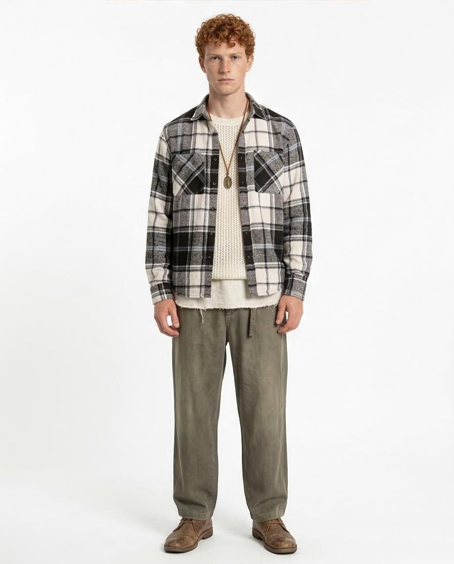 Black & Grey Plaid Flannel Long Sleeve Shirt - O200608