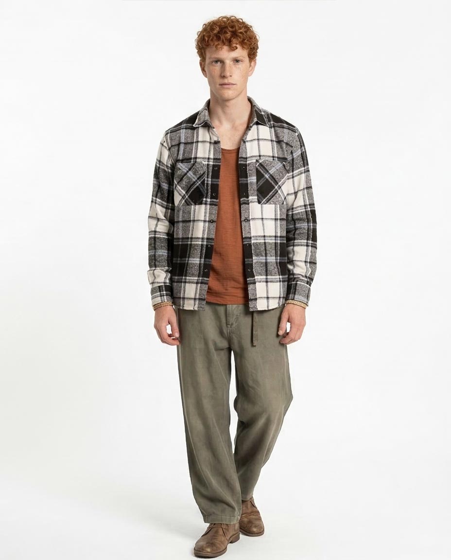 Black & Grey Plaid Flannel Long Sleeve Shirt - O200608