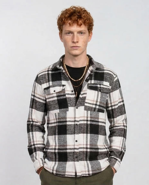 Man wearing a plaid shirt with a plain background