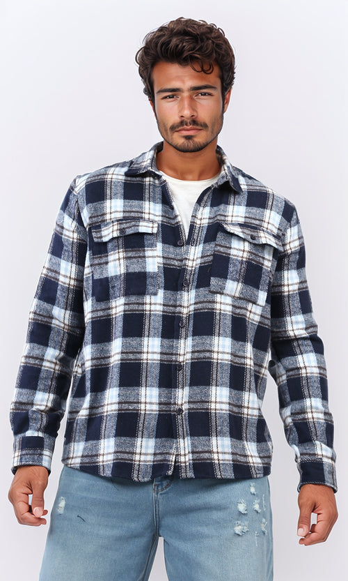 o200612 - Full Buttoned Plaids Heavy Winter Shirt - Navy & Brown