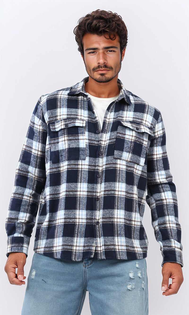 o200612 - Full Buttoned Plaids Heavy Winter Shirt - Navy & Brown