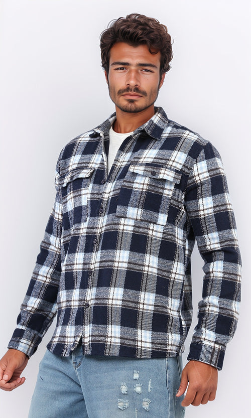 o200612 - Full Buttoned Plaids Heavy Winter Shirt - Navy & Brown