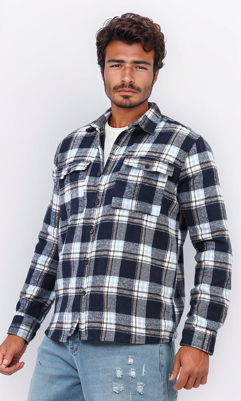 o200612 - Full Buttoned Plaids Heavy Winter Shirt - Navy & Brown