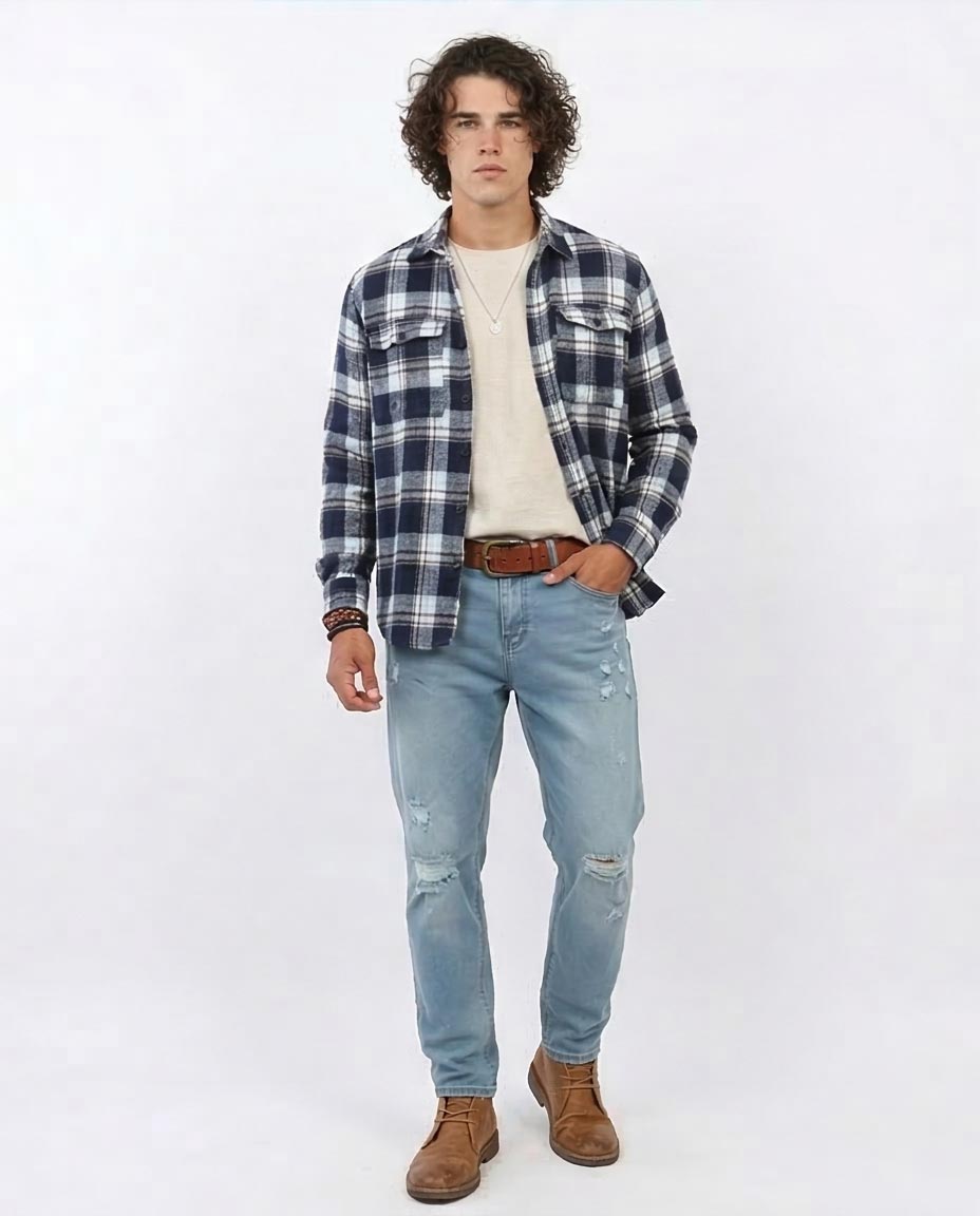 Navy and White Checkered Heavy Flannel Shirt - O200612